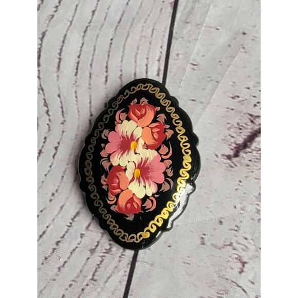 Vintage Hand Painted Russian Floral Black Mourning Brooch Pin Signed 2inches - Picture 4 of 6